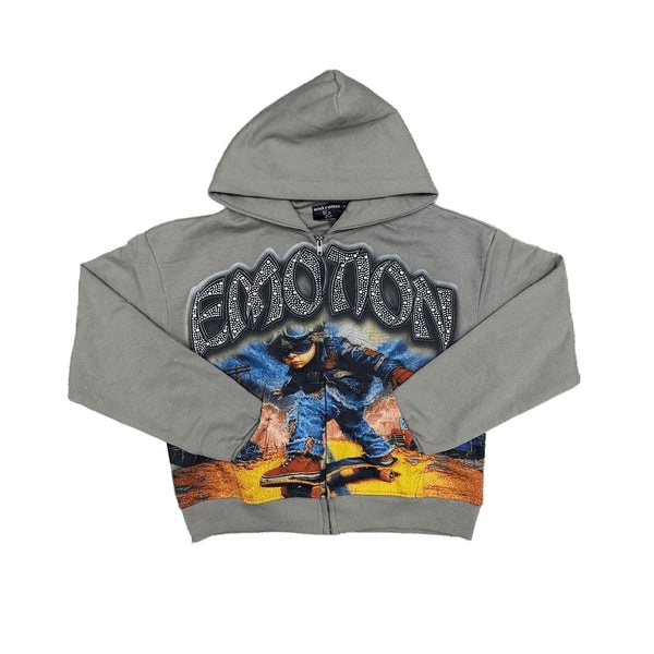 Mixed Emotional Rhinestone Hoodie Grey Mixed Emotional Rhinestone Hoodie Grey